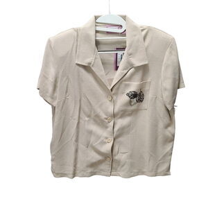 Premier International Womens Button Up Khaki Size Large Rayon Blend Short Sleeve